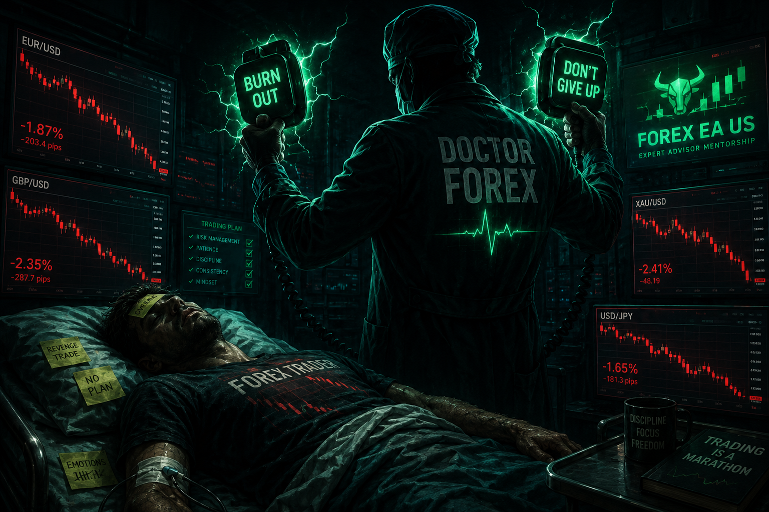 Doctor Forex reviving a burned-out trader with defibrillator paddles reading Burn Out and Don't Give Up