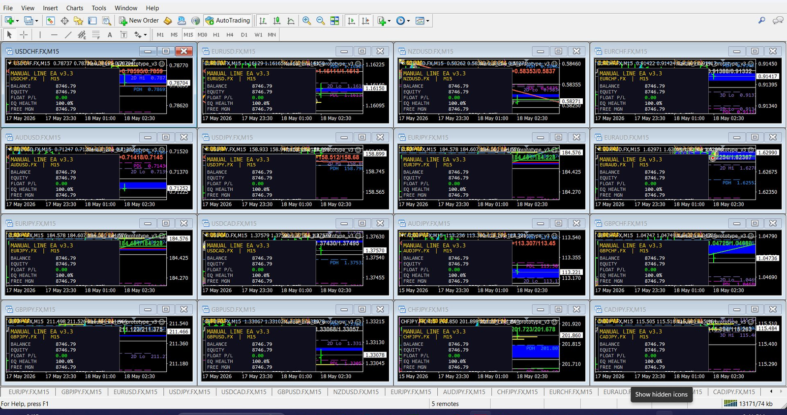 16 forex pairs monitored simultaneously by IndEngine on MT4